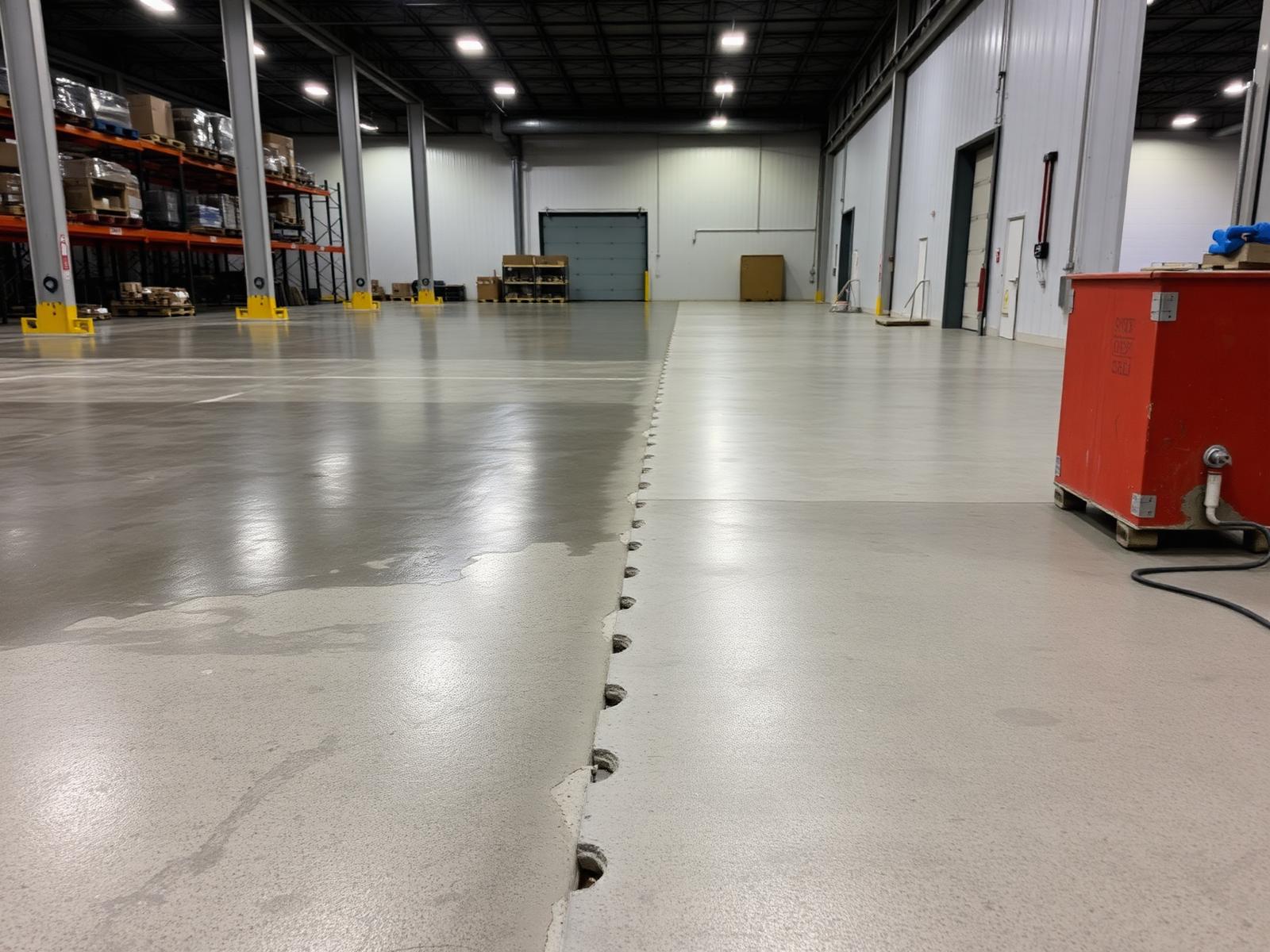 Henderson warehouse floor mid coating removal, half stripped to bare concrete