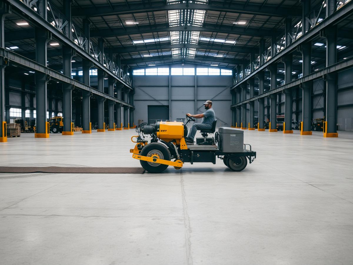 Ride-on concrete grinder working a large commercial warehouse floor