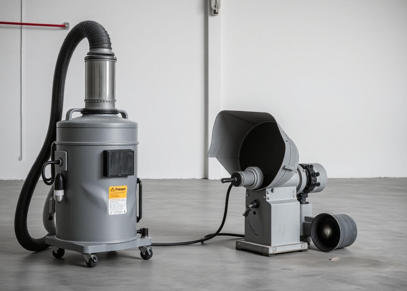 HEPA dust extractor connected to a shrouded concrete grinder