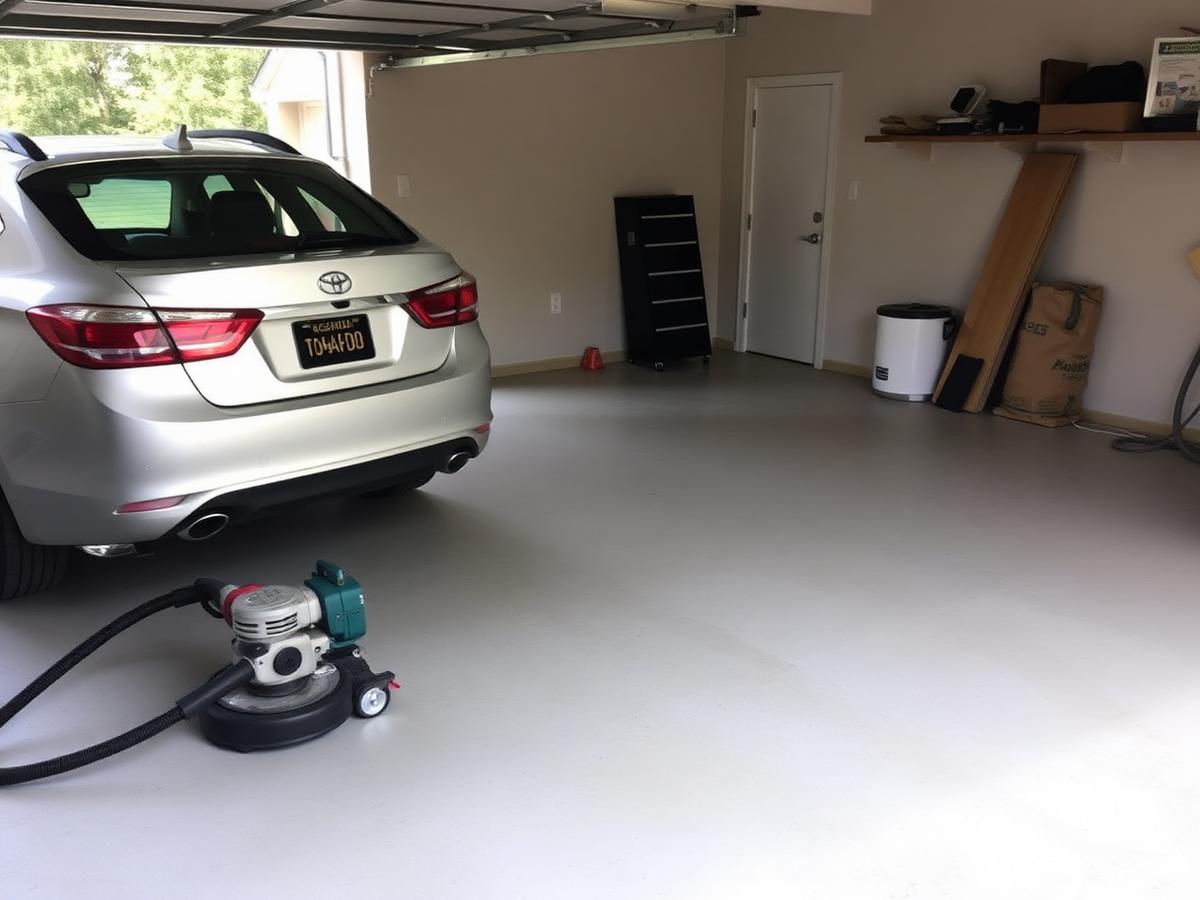 Residential garage slab being prepped with a small grinder and vacuum