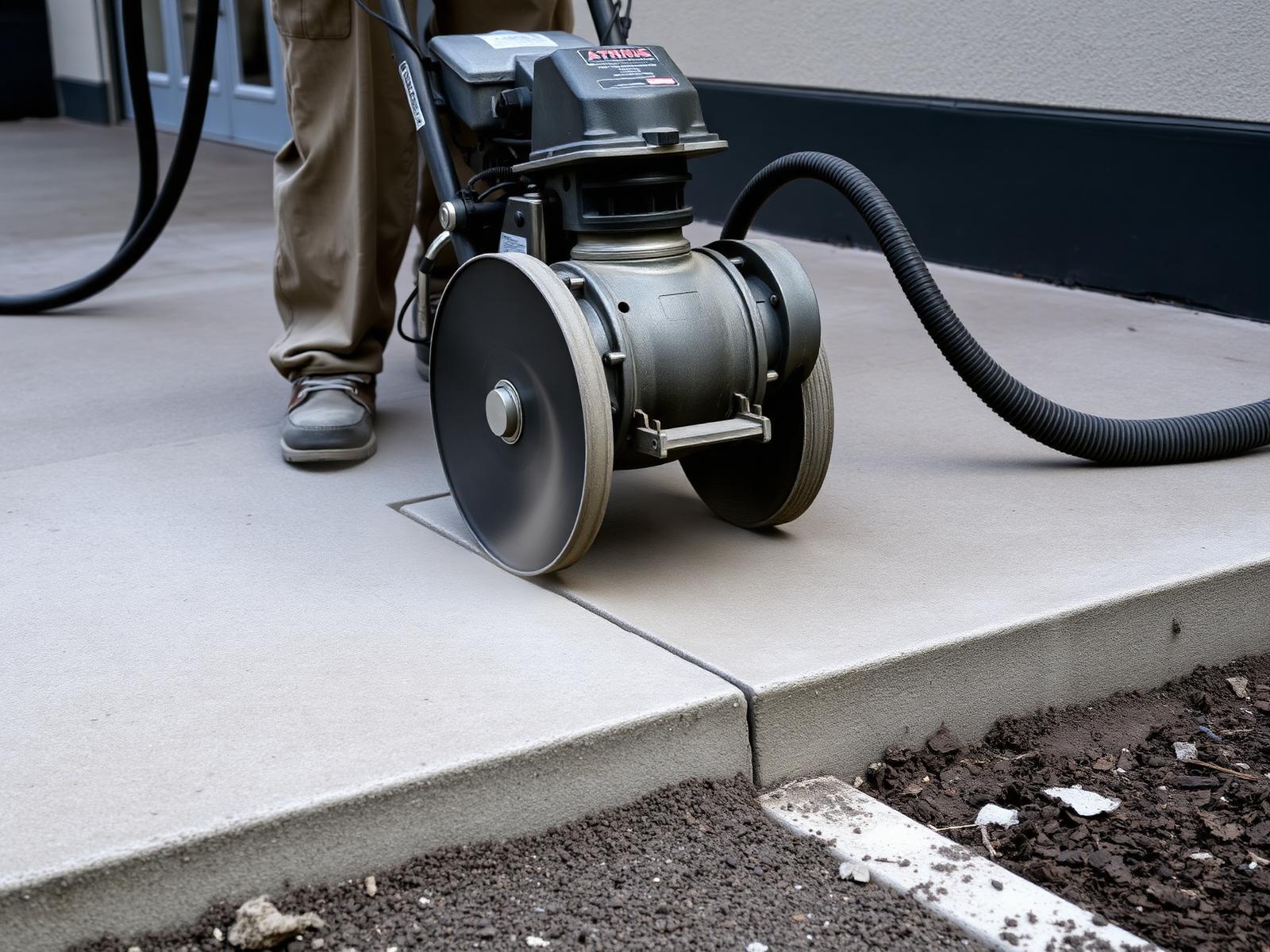 Shrouded concrete grinder with HEPA vacuum hose grinding a raised sidewalk edge flat